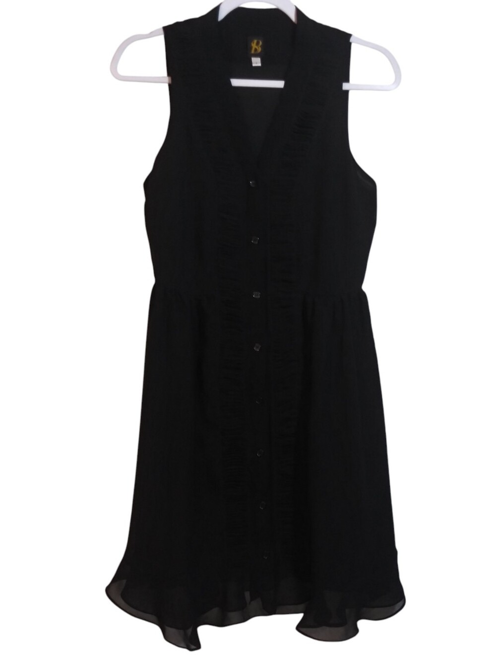 S+B Black Semi Sheer Sleeveless Button-Front Ruffle Dress LBD Vintage Size 2